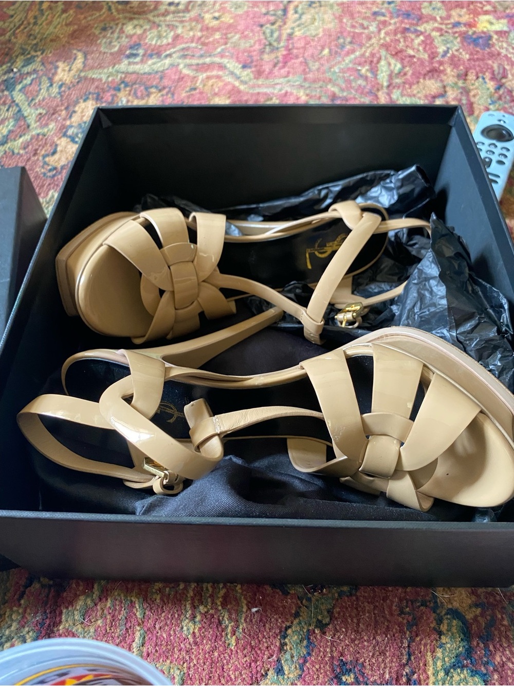 Saint Laurent YSL Tribute Nude Patent Leather Platform Heels 38 in glossy nude